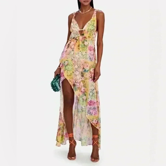 FOR LOVE & LEMONS Madison Floral Maxi Dress S Yellow Sleeveless V-neck Strappy - Picture 1 of 7